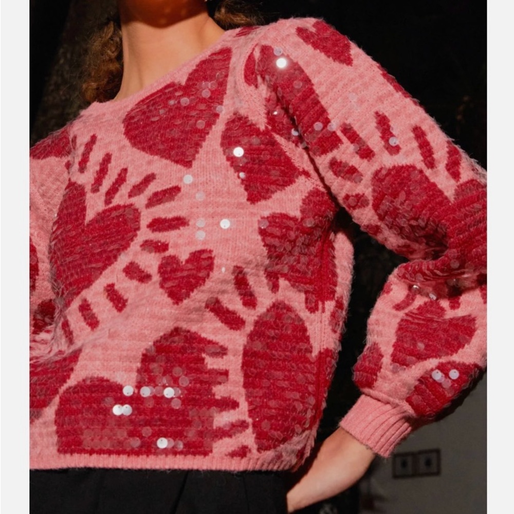 Farm Rio Pink Hearts Sequin Sweater